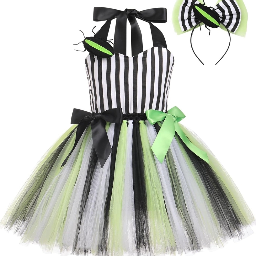 Striped Black and Green Kids Costume Dress with Headband